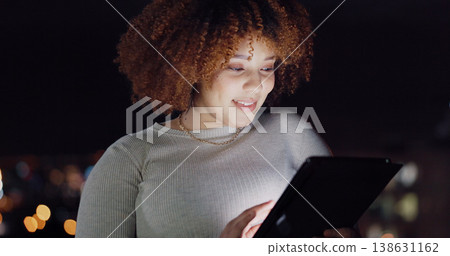 Tablet, city balcony and laughing woman reading funny social network feedback, customer experience or website. Brand monitoring data, night review or African media worker doing online survey analysis Tablet, city balcony and laughing woman reading funny social network feedback, customer experience or website. Brand monitoring data, night review or African media worker doing online survey analysis 138631162