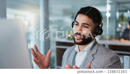 Computer, call center and man talking to customer service, crm support or contact us at help desk for inbound marketing. Communication, telemarketing and sales agent chat to client in lead generation 138631163
