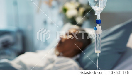 IV drip, healthcare and medicine with patient in hospital, treatment and surgery, healing or rehabilitation. Person at clinic, health with medication or liquid for infusion, service and recovery 138631186