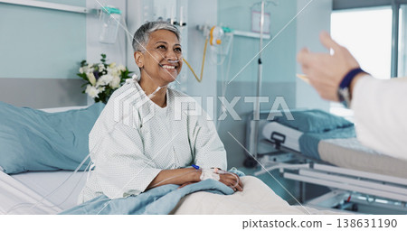 Hospital, doctor and woman consulting with good news with ventilation tube for oxygen, medical service and care. Healthcare, happy and mature person smile for surgery recovery, wellness and results 138631190