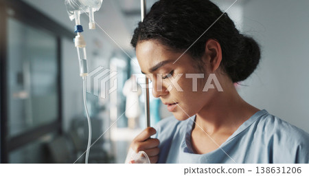 Sad, breathing and a woman with an iv drip at hospital for medicine, wellness and recovery from virus. Depression, thinking and a clinic patient with treatment stress, burnout or anxiety while sick 138631206