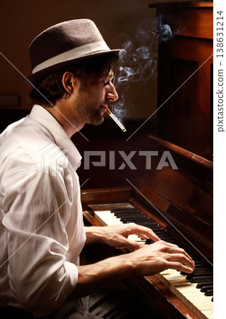Profile, piano and man with performance, smoking and entertainment with keyboard, jazz and creative. Person, artist and musician with cigarette, tobacco and ambient with smoke, pianist and instrument Profile, piano and man with performance, smoking and entertainment with keyboard, jazz and creative. Person, artist and musician with cigarette, tobacco and ambient with smoke, pianist and instrument 138631214