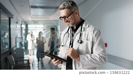 Doctor, hospital and tablet for medical information, typing and management of online charts or results. Healthcare worker, man or expert with digital technology for health services, planning and data 138631222