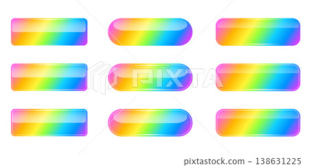 Set of glossy rainbow summer buttons with vibrant gradients. 3D realistic colorful web buttons elements with shiny reflections. Rounded and rectangular horizontal buttons icons isolated on white Set of glossy rainbow summer buttons with vibrant gradients. 3D realistic colorful web buttons elements with shiny reflections. Rounded and rectangular horizontal buttons icons isolated on white 138631225