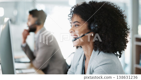 Happy woman, call center and customer service in telemarketing, support or communication at office. Friendly female person, consultant or agent smile in online advice, help or contact us at workplace Happy woman, call center and customer service in telemarketing, support or communication at office. Friendly female person, consultant or agent smile in online advice, help or contact us at workplace 138631236