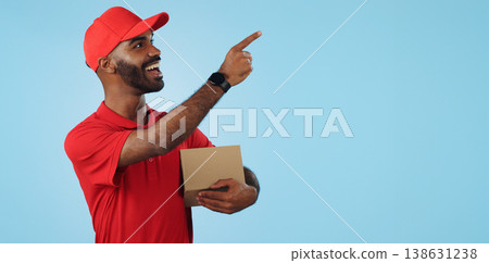 Advertising studio smile, delivery man and point at supply chain commercial, discount export info or distribution schedule. Courier service deal, mockup space and portrait person on blue background Advertising studio smile, delivery man and point at supply chain commercial, discount export info or distribution schedule. Courier service deal, mockup space and portrait person on blue background 138631238