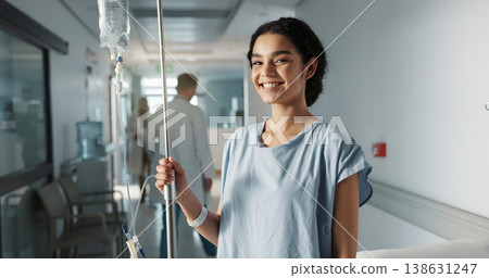 Iv drip, patient and portrait of happy woman in a hospital or clinic corridor with treatment for recovery from surgery. Intravenous, medicine and person with medical insurance for care and health Iv drip, patient and portrait of happy woman in a hospital or clinic corridor with treatment for recovery from surgery. Intravenous, medicine and person with medical insurance for care and health 138631247