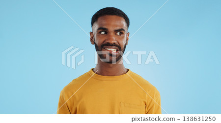 Thinking, anxiety and stress of black man in studio isolated on a blue background mockup. Challenge, fear and scared person worry for financial crisis, bankruptcy and doubt mistake, nervous and fail Thinking, anxiety and stress of black man in studio isolated on a blue background mockup. Challenge, fear and scared person worry for financial crisis, bankruptcy and doubt mistake, nervous and fail 138631250