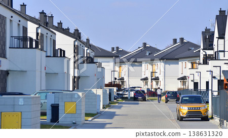 The real estate market in the suburbs. Terraced family homes in newly developed housing estate. New single family houses in a new development area. Residential homes with modern facade.  138631320