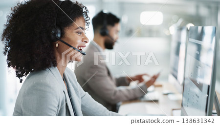 Happy woman, call center and customer service in telemarketing, support or communication at office. Friendly female person, consultant or agent smile in online advice, help or contact us at workplace Happy woman, call center and customer service in telemarketing, support or communication at office. Friendly female person, consultant or agent smile in online advice, help or contact us at workplace 138631342