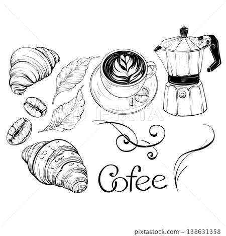 Coffee Breakfast Elements Set, Croissant Beans Leaves Moka Pot and Cup, Black and White Line Art Food Clipart Collection 138631358