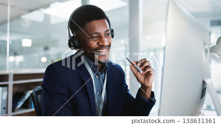 Computer, call center and black man talking, telemarketing and technical support at help desk. Communication, customer service and happy sales agent consulting, crm advisory and speaking to contact Computer, call center and black man talking, telemarketing and technical support at help desk. Communication, customer service and happy sales agent consulting, crm advisory and speaking to contact 138631361