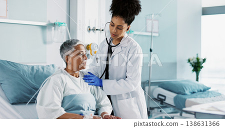 Hospital, doctor and woman breathing with stethoscope for diagnosis, medical service and checkup. Healthcare, clinic and health worker with mature patient for surgery recovery, wellness and healing 138631366