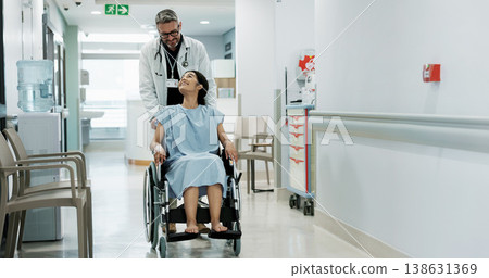 Doctor, happy wheelchair patient and people talking about healthcare, wellness surgery results or medical support. Clinic, help or medicine expert, staff or surgeon travel, walking and chat to client Doctor, happy wheelchair patient and people talking about healthcare, wellness surgery results or medical support. Clinic, help or medicine expert, staff or surgeon travel, walking and chat to client 138631369