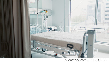 Hospital, healthcare or interior of bedroom or empty room for wellness, consulting or healing. Background, medical or clinic space for emergency, rehabilitation or recovery with furniture or light 138631380