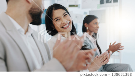 Happy business people, applause and meeting in presentation, conference or team workshop at office. Excited group clapping and smile in staff training, celebration or promotion together at workplace Happy business people, applause and meeting in presentation, conference or team workshop at office. Excited group clapping and smile in staff training, celebration or promotion together at workplace 138631398