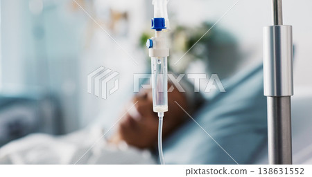 Iv drip, patient and medicine in hospital for healthcare, nutrition or water in bed with healing. Medical, liquid and person with health support or solution for emergency, wellness or rehabilitation 138631552