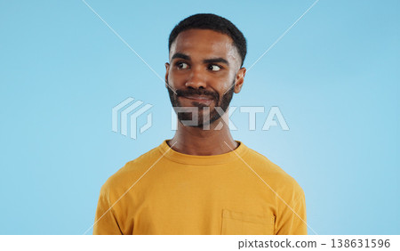 Thinking, anxiety and stress of black man in studio isolated on a blue background mockup. Challenge, fear and scared person worry for financial crisis, bankruptcy and doubt mistake, nervous and fail 138631596