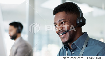 Happy black man, call center and customer service in telemarketing, communication or support at office. African male person or consultant agent smile in online advice, help or contact us at workplace Happy black man, call center and customer service in telemarketing, communication or support at office. African male person or consultant agent smile in online advice, help or contact us at workplace 138631605