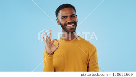 Happy, face and man with perfect hands in studio for support, review or success, vote or agree on blue background. Smile, portrait and male model show ok, emoji or yes, thank you or feedback results Happy, face and man with perfect hands in studio for support, review or success, vote or agree on blue background. Smile, portrait and male model show ok, emoji or yes, thank you or feedback results 138631609