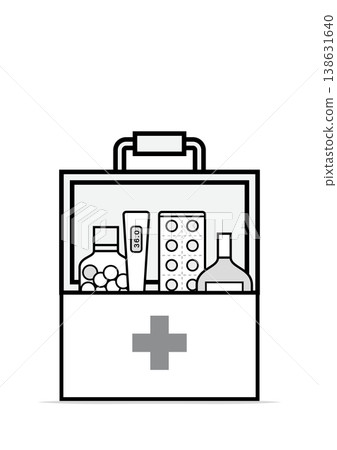 Illustration of a first-aid kit and medical supplies set (thermometer, medicine, eye drops) Illustration of a first-aid kit and medical supplies set (thermometer, medicine, eye drops) 138631640
