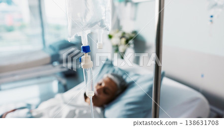 Hospital, IV drip and woman in a clinic bed for surgery or wellness emergency with closeup of liquid. Medical, healthcare and senior female patient with fluid for nutrition and infusion for health 138631708