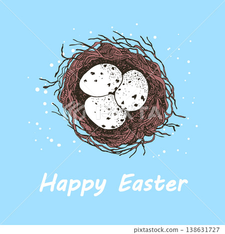 Vector Easter banner with eggs in bird's nest. Festive background with place for text for flyer. Hand drawn vector illustration, holiday design Vector Easter banner with eggs in bird's nest. Festive background with place for text for flyer. Hand drawn vector illustration, holiday design 138631727