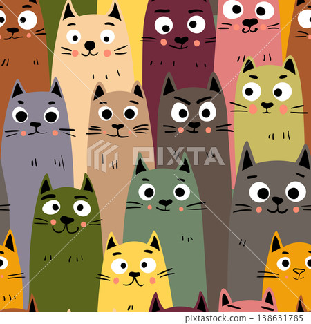 Seamless pattern with cute kitten print. Different scandy cats on color background. Scandinavian style illustration for kids. Vector illustration for fabric, textile, wallpaper, home clothing, pajama 138631785