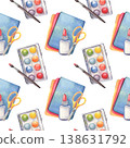 Seamless watercolor pattern, paints, brush, colored paper, scissors, glue. Hand-painted illustration isolated on white for crafts, kids products, design, stationery, packaging, textiles, branding 138631792