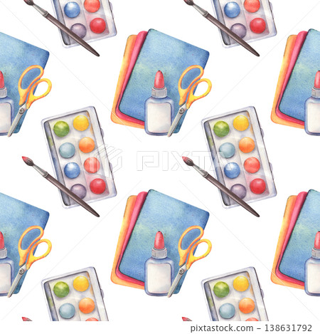Seamless watercolor pattern, paints, brush, colored paper, scissors, glue. Hand-painted illustration isolated on white for crafts, kids products, design, stationery, packaging, textiles, branding Seamless watercolor pattern, paints, brush, colored paper, scissors, glue. Hand-painted illustration isolated on white for crafts, kids products, design, stationery, packaging, textiles, branding 138631792