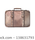 Hand-painted watercolor illustration of closed vintage brown leather suitcase isolated on white. Classic travel design ideal for branding, packaging, posters, travel blogs, stationery, and decor 138631793