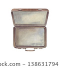 Hand-painted watercolor illustration of opened vintage brown leather suitcase isolated on white. Classic travel design ideal for branding, packaging, posters, travel blogs, stationery, and decor 138631794