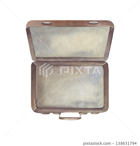Hand-painted watercolor illustration of opened vintage brown leather suitcase isolated on white. Classic travel design ideal for branding, packaging, posters, travel blogs, stationery, and decor Hand-painted watercolor illustration of opened vintage brown leather suitcase isolated on white. Classic travel design ideal for branding, packaging, posters, travel blogs, stationery, and decor 138631794