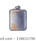 Hand-painted watercolor illustration of vintage blue metal flask isolated on white background. Classic rugged accessory ideal for outdoor branding, packaging, poster, travelling, adventure blog, decor 138631796