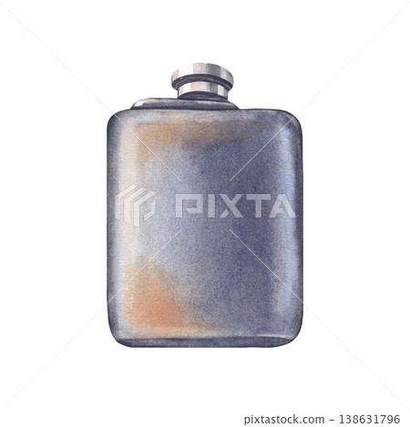 Hand-painted watercolor illustration of vintage blue metal flask isolated on white background. Classic rugged accessory ideal for outdoor branding, packaging, poster, travelling, adventure blog, decor Hand-painted watercolor illustration of vintage blue metal flask isolated on white background. Classic rugged accessory ideal for outdoor branding, packaging, poster, travelling, adventure blog, decor 138631796