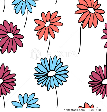 Seamless blooming floral pattern based on hand drawn art ornaments. Colorful flowers on color background. Vector illustration. Simple minimalistic pattern for fabric, textile Seamless blooming floral pattern based on hand drawn art ornaments. Colorful flowers on color background. Vector illustration. Simple minimalistic pattern for fabric, textile 138631810
