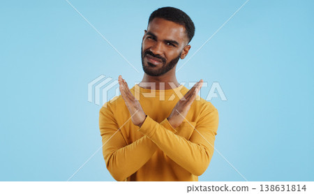 Shaking head, no and face of a man with stop, rejection and disappointment on a studio background. Sad, angry and portrait of a person with a gesture for a protest, disapproval or refusal with mockup Shaking head, no and face of a man with stop, rejection and disappointment on a studio background. Sad, angry and portrait of a person with a gesture for a protest, disapproval or refusal with mockup 138631814