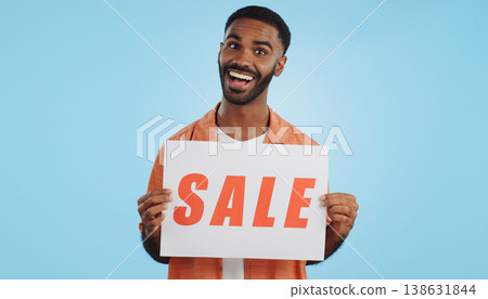 Studio sales poster, happy man and surprise ads commercial, discount promotion banner or notification sign. Billboard info, placard and ambassador presentation, choice or deal on blue background 138631844