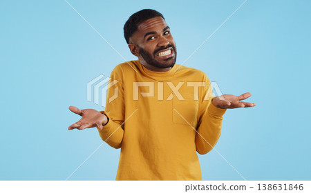 Confused, hands and face of man in studio with dont know, gesture or ask on blue background. Why, portrait and guy model with oops, mistake or doubt, unsure or forget, guess or palm scale questions Confused, hands and face of man in studio with dont know, gesture or ask on blue background. Why, portrait and guy model with oops, mistake or doubt, unsure or forget, guess or palm scale questions 138631846