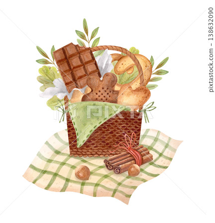 Watercolor cozy autumn sweets basket illustration with cookies, chocolate, cinnamon and pastries, hygge fall dessert clipart Watercolor cozy autumn sweets basket illustration with cookies, chocolate, cinnamon and pastries, hygge fall dessert clipart 138632090