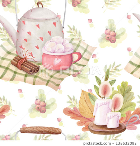Seamless watercolor cozy autumn pattern with teapot, candles and cocoa mug, hygge fall background for textile and wrapping design Seamless watercolor cozy autumn pattern with teapot, candles and cocoa mug, hygge fall background for textile and wrapping design 138632092