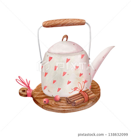 Watercolor cozy teapot illustration with hearts, cinnamon and berries. Hand drawn hygge tea time autumn clipart for kitchen decor Watercolor cozy teapot illustration with hearts, cinnamon and berries. Hand drawn hygge tea time autumn clipart for kitchen decor 138632099