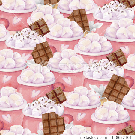 Seamless watercolor cocoa and marshmallow pattern. Cozy sweet dessert background with chocolate for textile design, wrapping paper 138632101