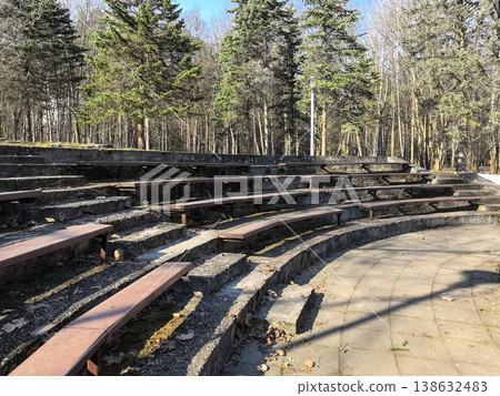 Outdoor Amphitheater with Wooden Benches in Forest Park 138632483