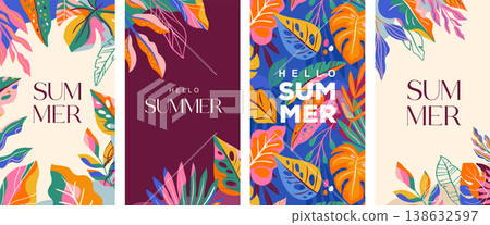 Exotic Hello Summer vertical backgrounds with colorful jungle leaves. Modern tropical banner and Exotic Hello Summer vertical backgrounds with colorful jungle leaves. Modern tropical banner and 138632597
