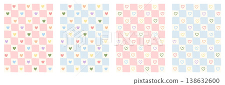 Set of pastel rainbow heart gingham patterns. Retro hand-drawn pink and blue checkerboard backgrounds with colorful heart icons. Cute aesthetic bundle for pride, nursery decor. Vector illustration. 138632600