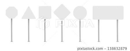 Realistic road traffic signs on metal poles with blank panels, designed as a clean mockup template ideal for transportation concepts, navigation design, safety communication, and urban infrastructure Realistic road traffic signs on metal poles with blank panels, designed as a clean mockup template ideal for transportation concepts, navigation design, safety communication, and urban infrastructure 138632879