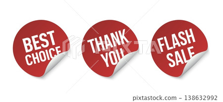 Discount red sticker tag set with special offer paper price labels, best choice sale tag, thank you sticker, and flash sale badge for retail promotion, marketing campaigns, ecommerce, and advertising 138632992