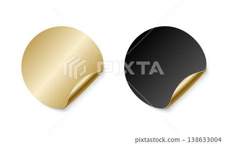 Gold and black glued round stickers with curled corner, glossy adhesive labels isolated on white background, premium badge design elements for branding, packaging, promotions, and product highlights Gold and black glued round stickers with curled corner, glossy adhesive labels isolated on white background, premium badge design elements for branding, packaging, promotions, and product highlights 138633004