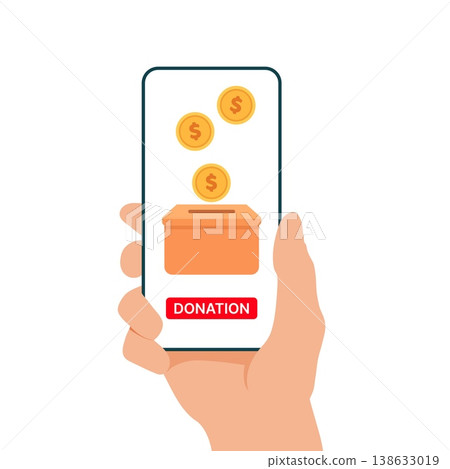 Hand holding smartphone with online donation interface showing gold coin, donation box, and donate button on screen, digital charity and fundraising concept for nonprofit campaigns, mobile payments Hand holding smartphone with online donation interface showing gold coin, donation box, and donate button on screen, digital charity and fundraising concept for nonprofit campaigns, mobile payments 138633019